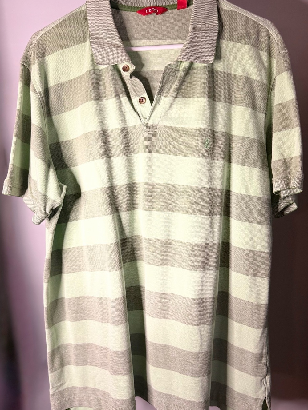 Izod Polo Shirt Men XL Green Taupe Like New Striped Short Sleeve Knit